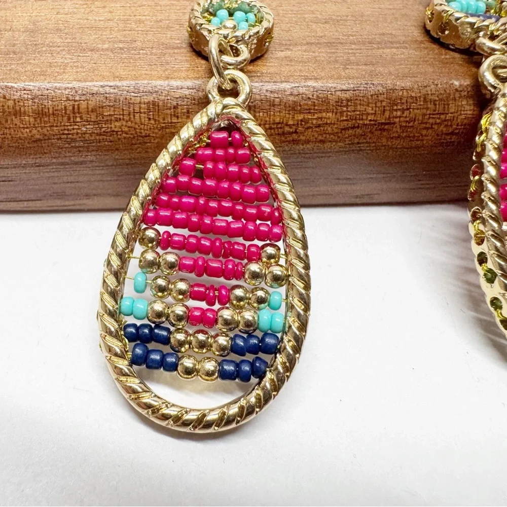 Beaded Tear Drop Dangle Framed Seed Bead Earrings